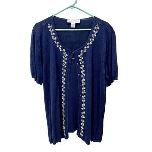 Maggie McNaughton Navy‎ Blue Silk Short Sleeve Embroidered Cardigan Women's 1X